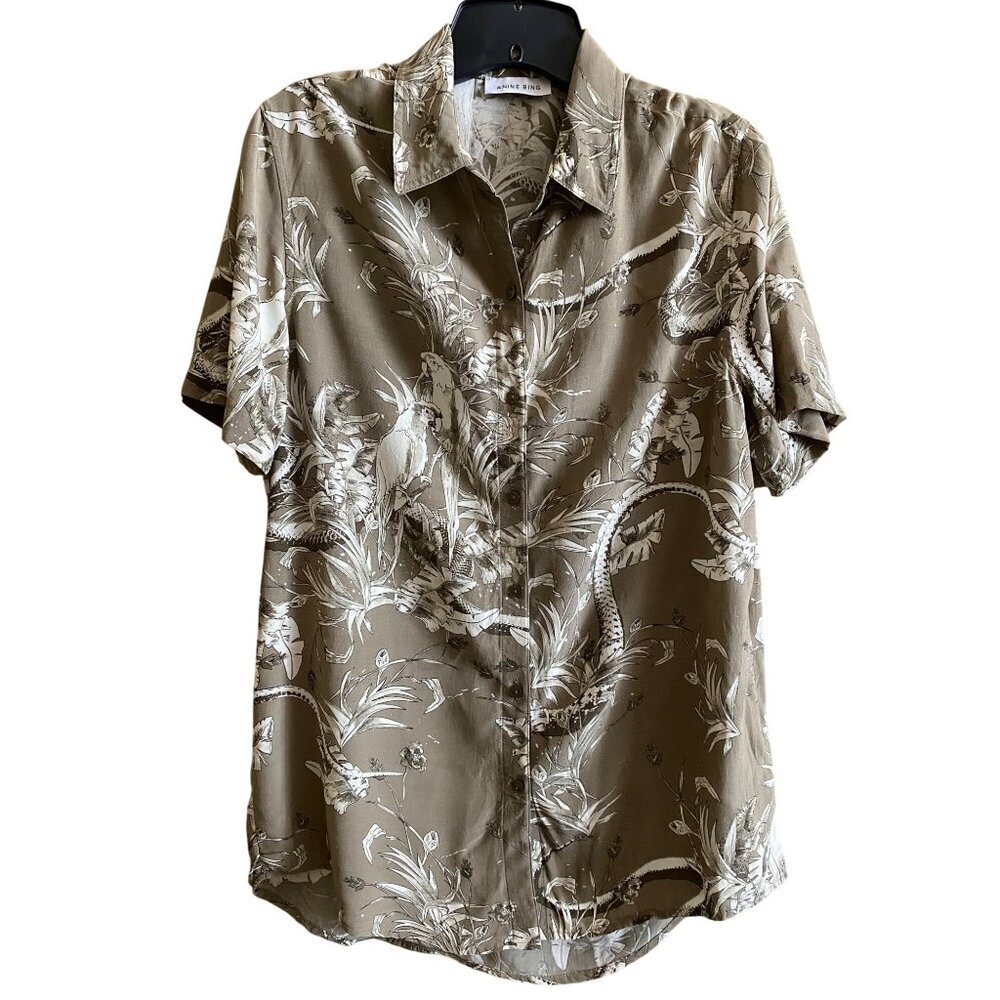 Anine Bing Bruni Tropical Print Shirt Sz XS Short Sleeve Button Down Green White